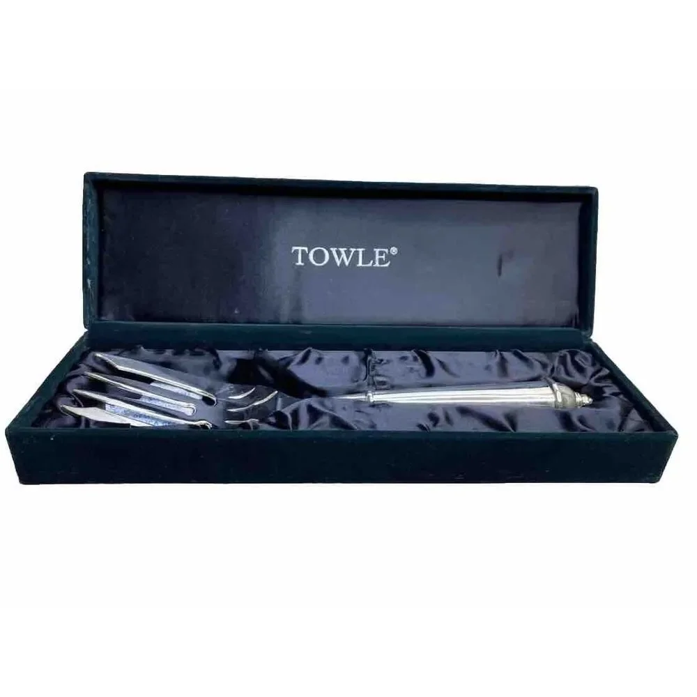 Towle Silverplate Copenhagen Large Serving Fork Server in GreenVelvet Box 10 1/4